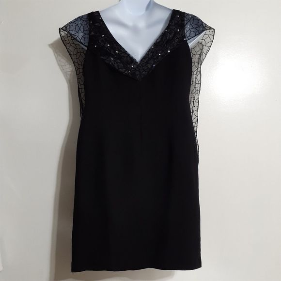 SL Fashions Black Formal Mini Dress w/Attached Scarf 14 GUC - Picture 9 of 11